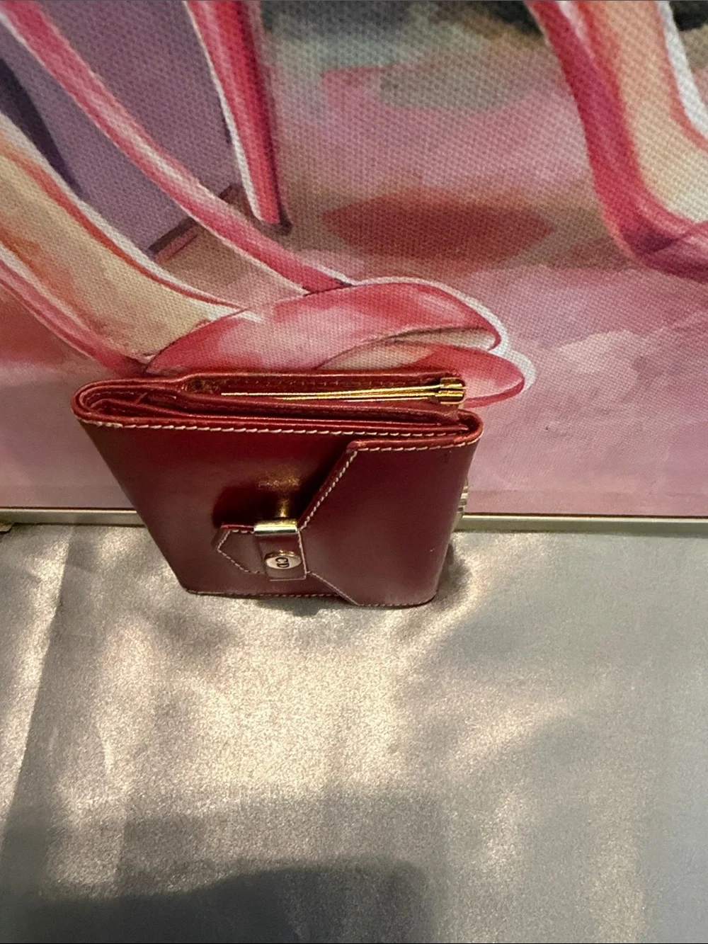 Christian Dior Red Leather Compact twist- lock Wallet with Gold-Tone Accents